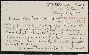 Cora B. Cheney, letter, 1931-08-24, to Hamlin Garland