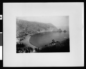 Birdseye view of Avalon Harbor showing the Gano house in the foreground, ca.1905