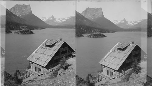 South - across Upper St Mary Lake to Citadel and Fusilade Mountains. Glacier National Park Glacier National Park? Citadel and Fusilade Mountains and Chalet, Going to Sun Camp, St. Mary's Lake, #18 Dept A West 100 World Tour