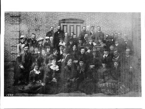 Group portrait of attendees at a meeting of the Los Angeles City Teachers' Institute at the State Normal School building, 1886