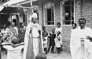 Bishop Samson Mushemba present at instalment of the Pastor at Kigoma, Tanzania, 1986. (Served a