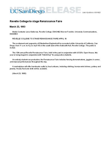 Revelle College to stage Renaissance Faire