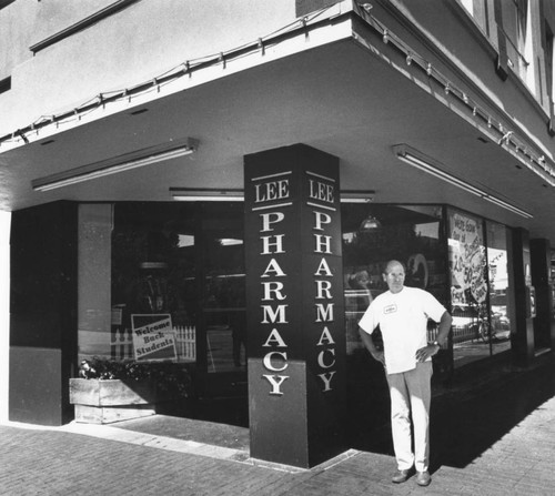 Stuart Thompson In Front of Lee Pharmacy, Chico, California — Calisphere