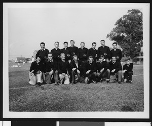 University of Southern California football management staff (not coaches) formal picture #2, half the managers kneeling and half standing, 1949 season, on Bovard Field, USC campus