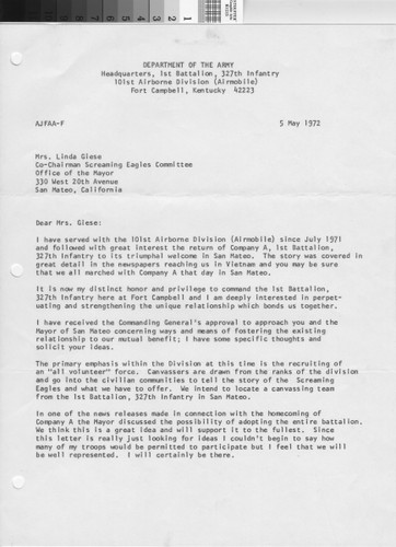 Letter to Linda (Giese) Patterson from John C. Cornelson, Commanding Major of the US. Infantry