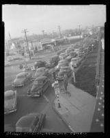 Traffic jam at Venice Boulevard and La Cienega Boulevard in Los Angeles, Calif., 1953