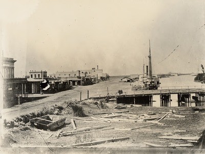Stockton - Harbors - 1850s: Head of channel from Hunter St.; bridge in foreground