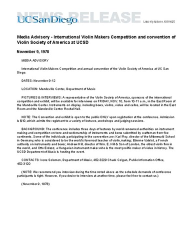 Media Advisory - International Violin Makers Competition and convention of Violin Society of America at UCSD