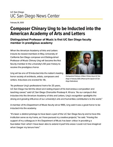 Composer Chinary Ung to be Inducted into the American Academy of Arts and Letters