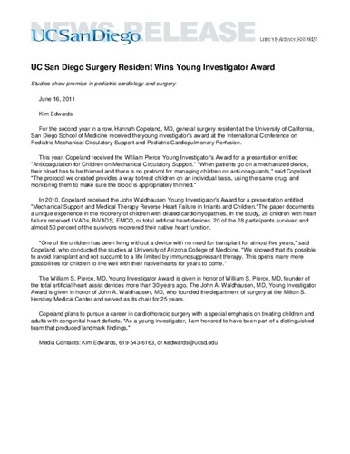 UC San Diego Surgery Resident Wins Young Investigator Award--Studies show promise in pediatric cardiology and surgery