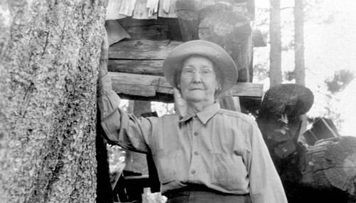 Alice Shelton Olson at her cabin site at Grassy Lake