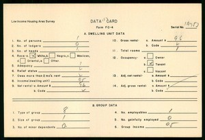WPA Low income housing area survey data card 157, serial 19753