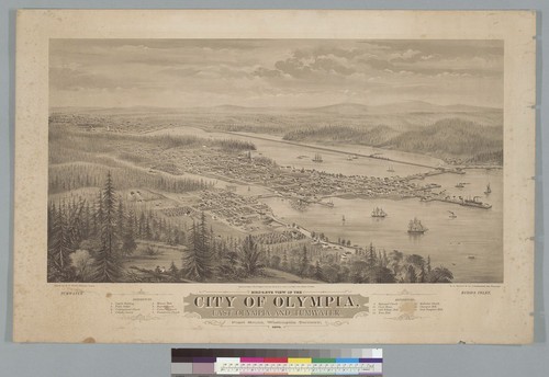 Bird's-eye view of the city of Olympia, East Olympia, and Tumwater, Puget Sound, Washington Territory, 1879