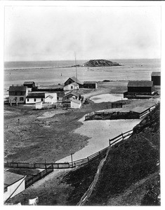 View of San Pedro Harbor, showing Timm's Landing and Dead Man's Island, ca.1873