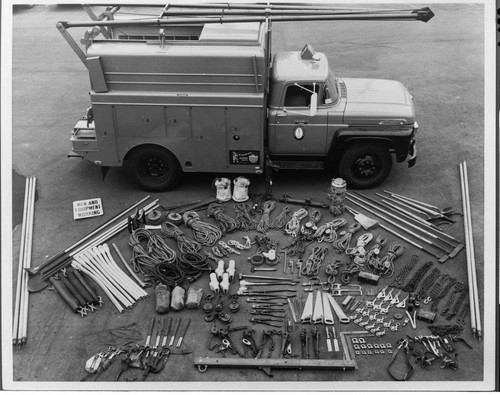 This Calectric line truck from 1955 carried all of the tools and gear spread out before it