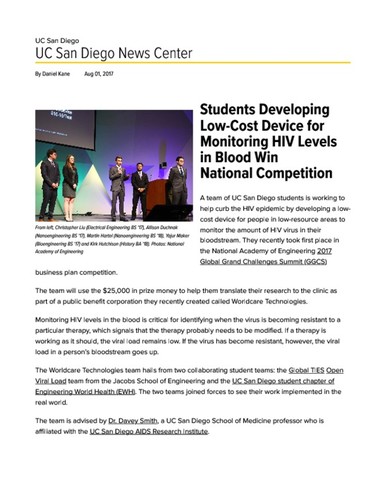 Students Developing Low-Cost Device for Monitoring HIV Levels in Blood Win National Competition