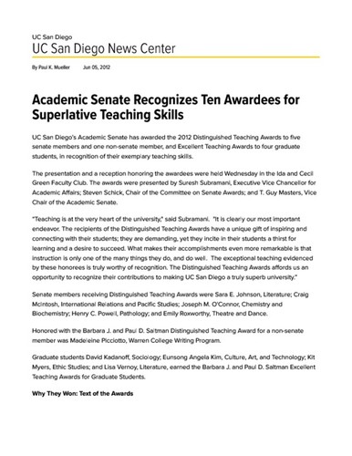 Academic Senate Recognizes Ten Awardees for Superlative Teaching Skills