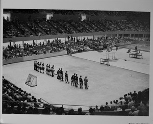 Los Angeles Memorial Sports Arena, interior view, Memorial Day dedication ceremony, half-court hockey game demonstration