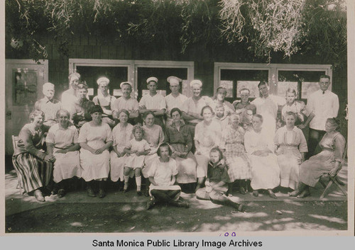Cooks and other camp staff in front of the dining hall at the Chautaqua camp in Temescal Canyon