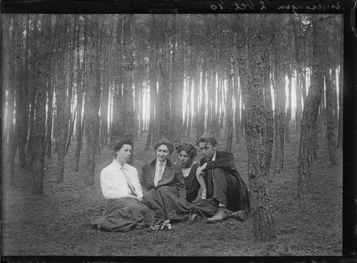 Amerongen [?], 2 Vet. '10. [Women and man on grass. Johan Hagemeyer, right? 1910.] [negative]