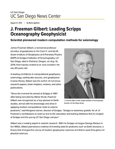 J. Freeman Gilbert: Leading Scripps Oceanography Geophysicist