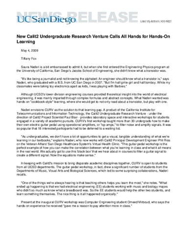 New Calit2 Undergraduate Research Venture Calls All Hands for Hands-On Learning