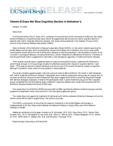Vitamin B Does Not Slow Cognitive Decline in Alzheimer’s