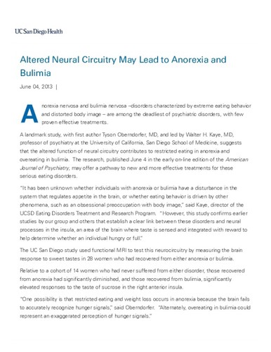 Altered Neural Circuitry May Lead to Anorexia and Bulimia