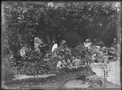 Garden of Edwards house with woman and two children, Oakland. [negative]