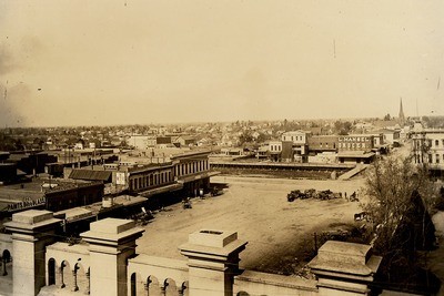 Stockton - Views - To 1880: Panoramic view with Hunter Square