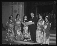 Mayor Fletcher Bowron at a Nisei festival in Little Tokyo, Los Angeles, 1940