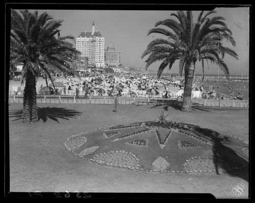 View from the Municipal Auditorium garden park towards populated beach and the Villa Riviera in the distance, Long Beach, 1932