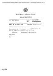 Gallaher International[Memorandum from Sue James to Jeff Brown regarding raising of invoice against CCTTOMSD on 20001030]