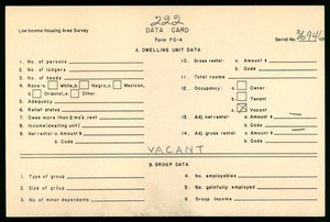 WPA Low income housing area survey data card 222, serial 36946, vacant
