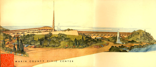 Frank Lloyd Wright's concept for the Marin County (California) Civic Center as it appears on the front cover of the 1962 dedication brochure [brochure]