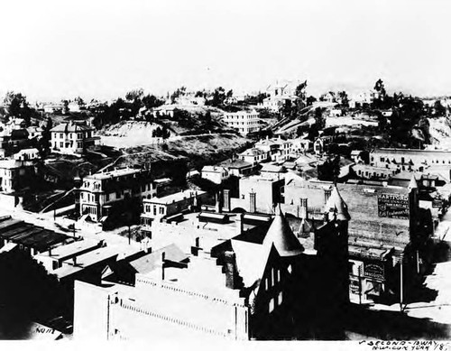 Early photograph of Los Angeles was taken about 1885 at the northwest corner of Second and Broadway