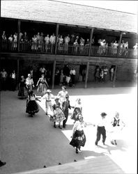 Petaluma International Folk Dancers performing the Scottish dance, Shepherd's Crook, at the Old Adobe Fiesta, Petaluma, California, August 1962