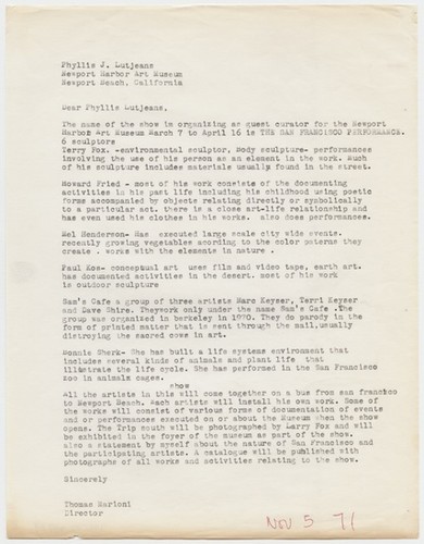 Letter to Phyliss J. Lutjeans from Tom Marioni (The San Francisco Performance)