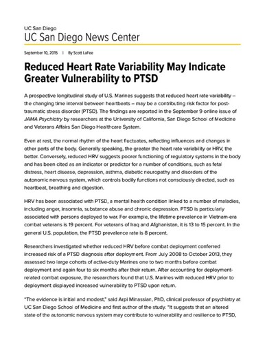 Reduced Heart Rate Variability May Indicate Greater Vulnerability to PTSD