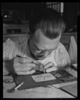 G. R. Bradshaw works with precious gems, Los Angeles, 1936