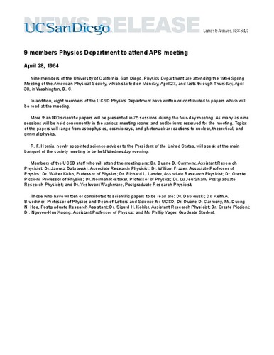 9 members Physics Department to attend APS meeting