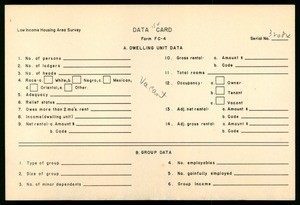WPA Low income housing area survey data card 152, serial 32084, vacant