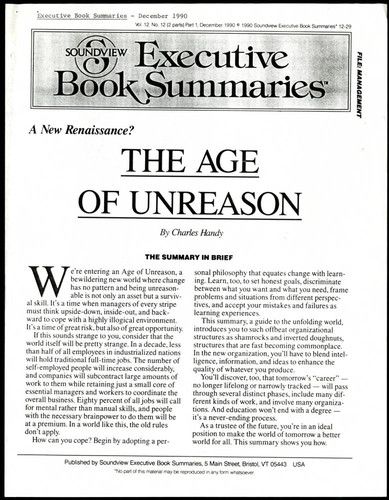 Charles Handy summary flyer on The Age of Unreason