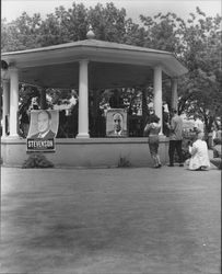 Presidential candidate Adlai Stevenson speaking on the bandstand in Walnut Park, Petaluma, California, about 1952