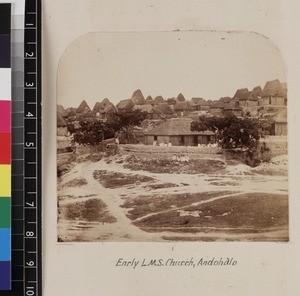 View of Andohalo Christians outside church, Madagascar, ca. 1865-1885