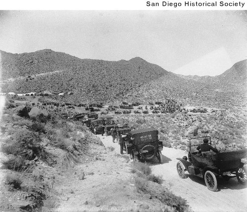 Line of cars on Mountain Springs Grade for its Grand Opening — Calisphere