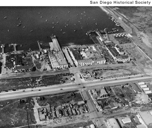 Aerial view of Solar Aircraft, Lindbergh Field, and San Diego Bay