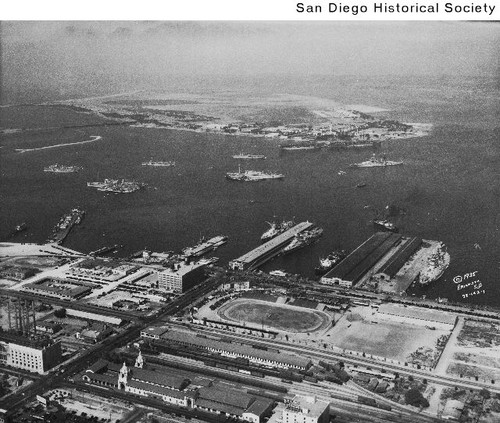 Aerial view of downtown San Diego, North Island, and the harbor