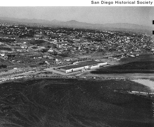 Aerial view of Consolidated Aircraft and downtown San Diego looking southeast