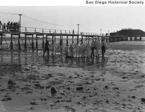 Group of people holding hands walking down the beach toward the ocean